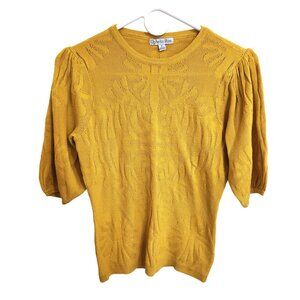 Ophelia Roe Puff Sleeve Gold Yellow Medallion Knit Eyelet Sweater Size S